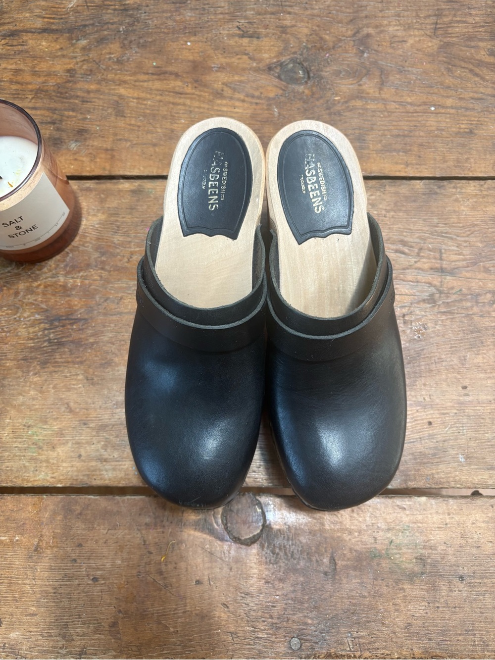 Swedish Hasbeens Black Leather Clog Mules